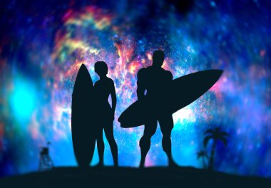 Bayan ve erkek surfboard ile poz çizimi