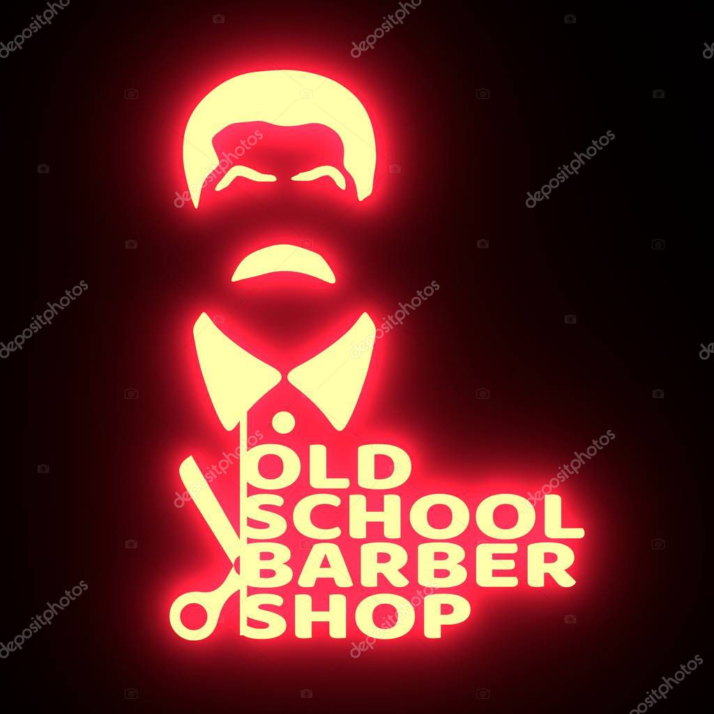 Vintage old school barber shop emblem or label. . Mustache man icon with scissors and text. 3D rendering. Neon bulb illumination