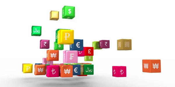 Currency symbols on floating boxes — Stock Photo, Image