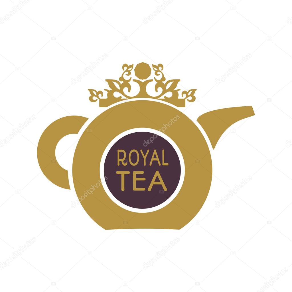 Tea logo template and design element for tea shop, restauran. Teapot vector illustration. Royal tea text