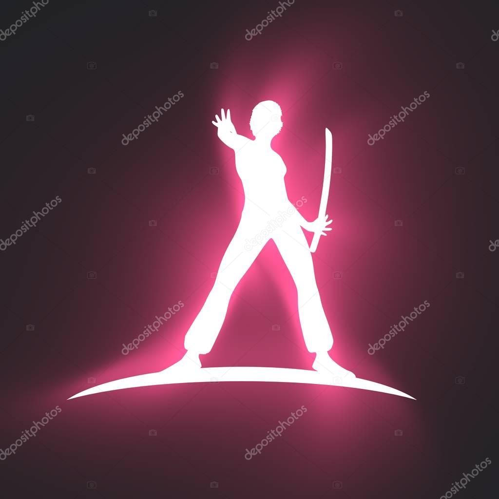 Martial art silhouette of woman in sword fight Kung Fu pose. Emblem for sport club. Neon bulb illumination. 3D rendering