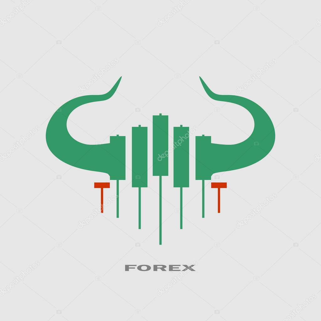 Logo candlestick trading chart analyzing in forex stock market. Exchange broker emblem. Bull horns and candles
