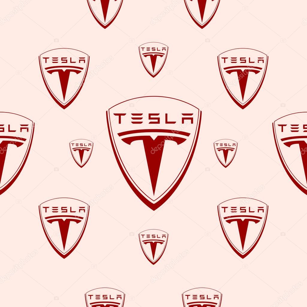 Circa - February 5, 2018: Tesla company emblem. Tesla is a American automobile manufacturer. Seamless pattern