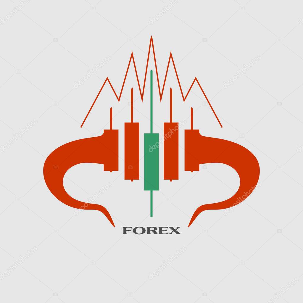Logo candlestick trading chart analyzing in forex stock market. Exchange broker emblem. Bull horns and candles