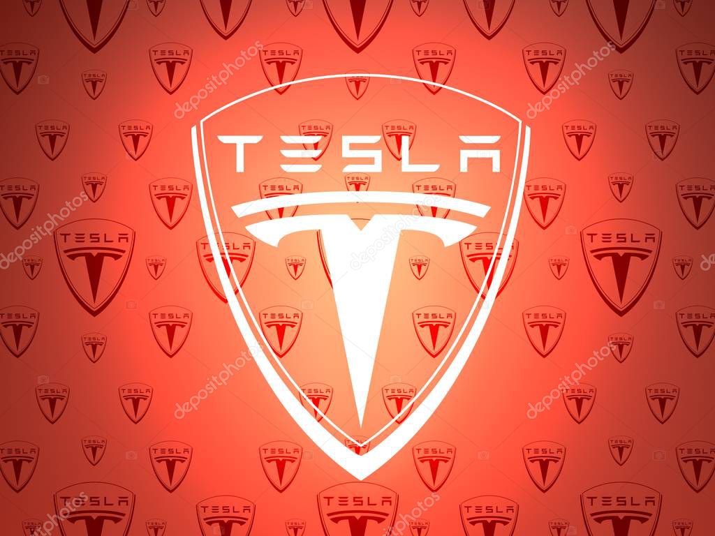 Circa - February 5, 2018: Tesla company emblem. Tesla is a American automobile manufacturer. 3D rendering.