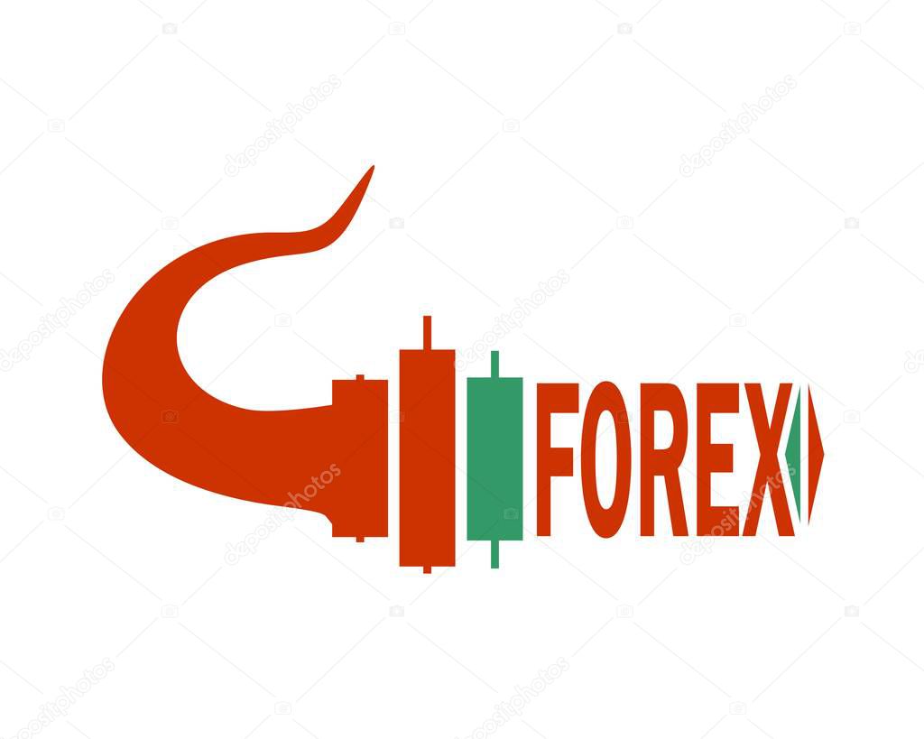 Logo candlestick trading chart analyzing in forex stock market. Exchange broker emblem. Bull horn and candles