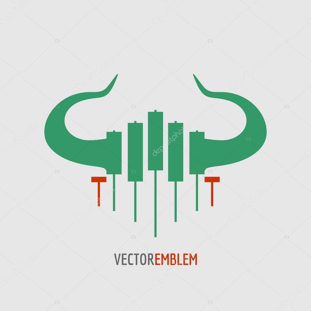 Logo candlestick trading chart analyzing in forex stock market. Exchange broker emblem. Bull horns and candles