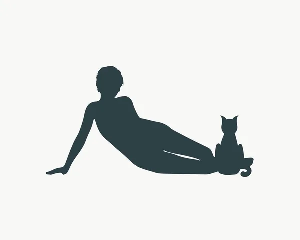 Kadın ve kedi siluetleri — Stok Vektör