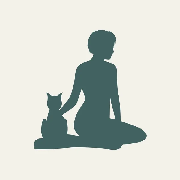 Siluetas de mujer y gato — Vector de stock