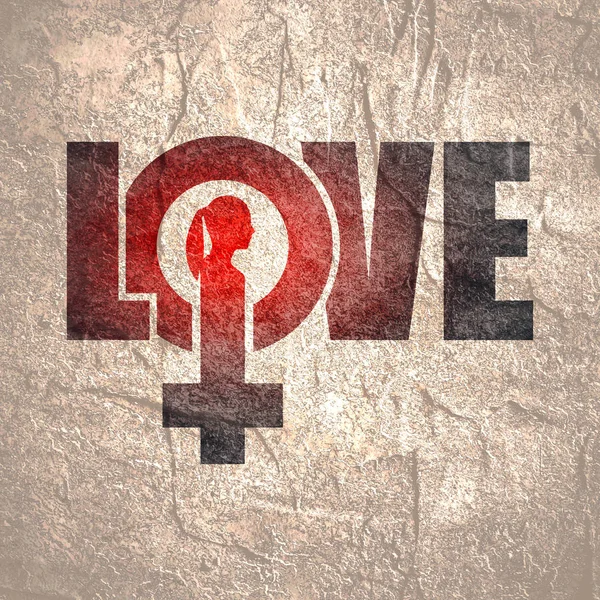 Kadın sembol simgesi ve aşk metni — Stok fotoğraf