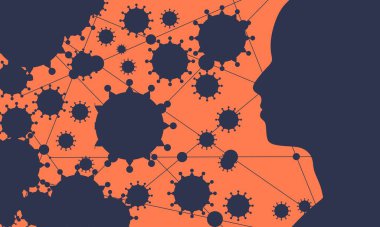 İnsan kafası ve virüslerin silueti.