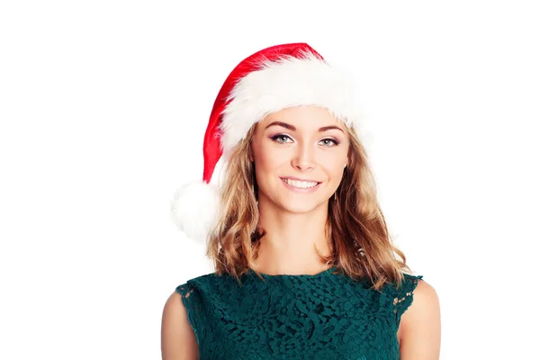 De vrouw van de kerst in Kerstman hoed. Lachende fotomodel geïsoleerd — Stockfoto