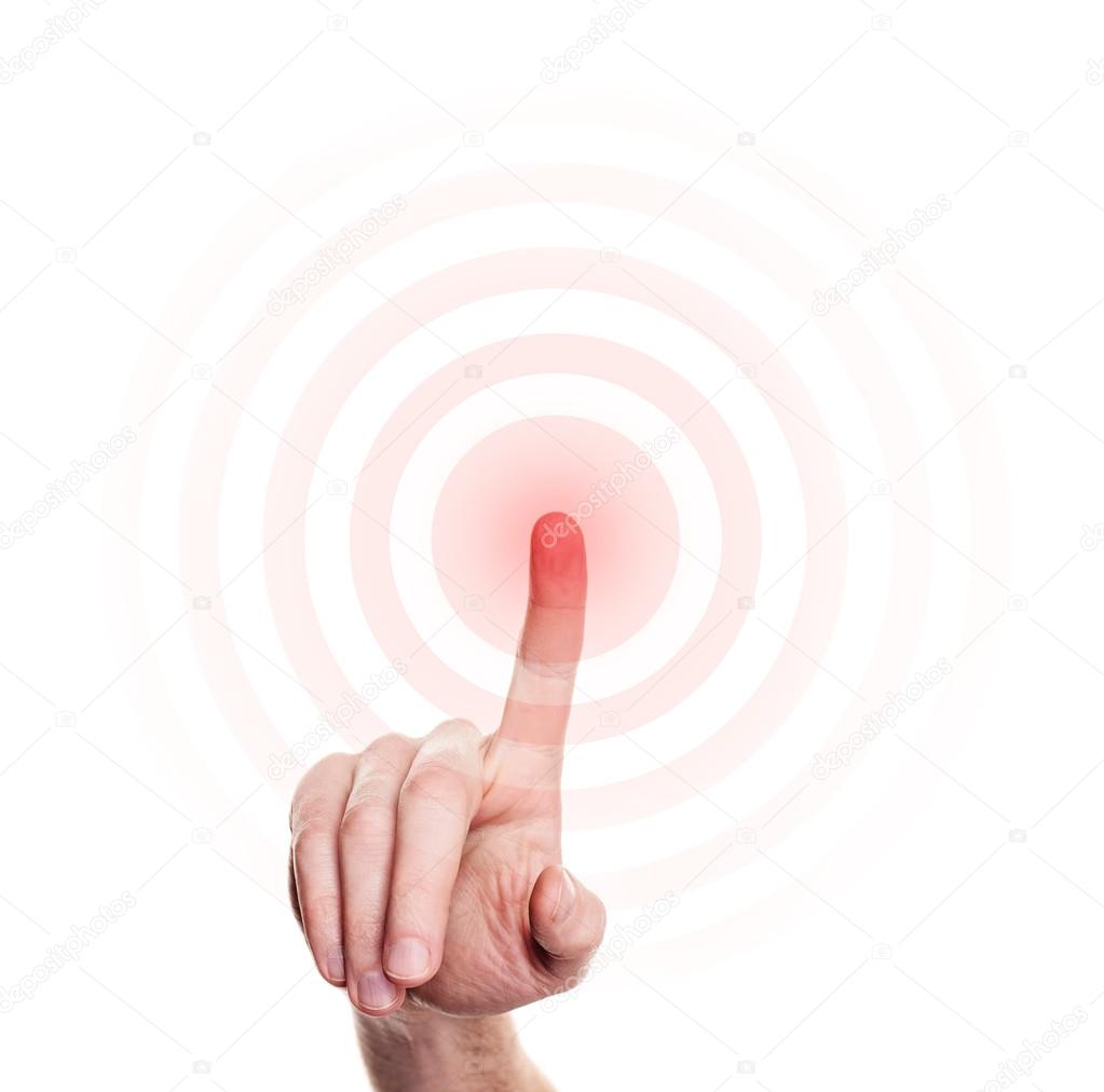 Hand Druk Op De Rode Knop Op Witte Achtergrond Stockfoto Artmim