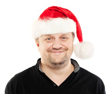 Noel Baba şapkası beyaz izole içinde gerçek olgun adam