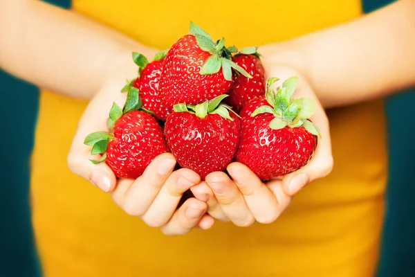 Erdbeere in weiblichen Händen. rote Beeren auf gelbem Hintergrund. er — Stockfoto