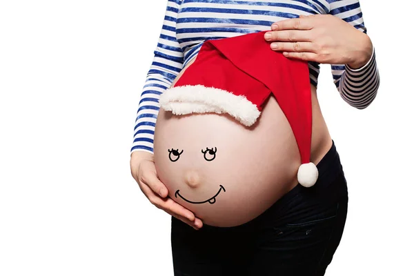 Pregnant Woman. Baby Bump with Santa Hat Isolated on White — Stock Photo, Image