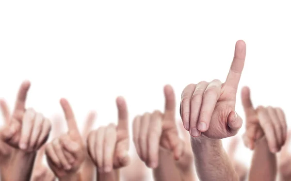 Manos arriba de mucha gente aisladas sobre fondo blanco. Manos con — Foto de Stock