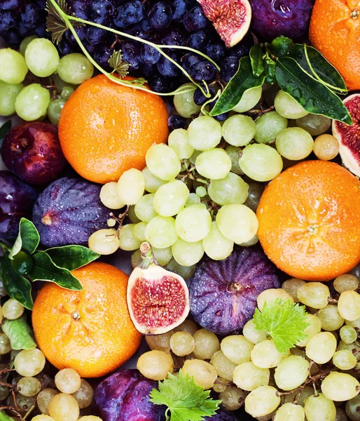 Kleurrijke vruchten, zomer voedsel achtergrond met druif, sinaasappel, vijgen — Stockfoto