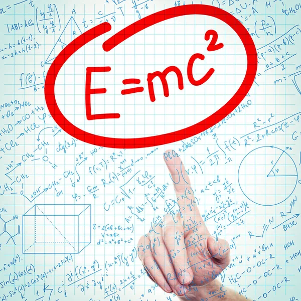 Fórmula de Einstein, ciência ou educação fundo com mão e — Fotografia de Stock