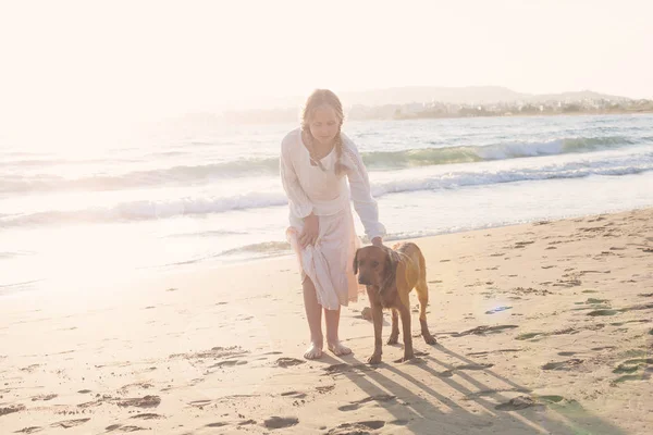 Ung flicka och hund promenader längs havsstranden i solljus — Stockfoto