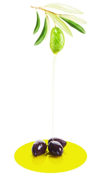 Olijven, groene bladeren en olijfolie Drop geïsoleerd op wit — Stockfoto