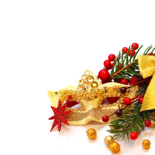 Kerstmis achtergrond met gouden decoratie, groene Xmas boom beha — Stockfoto