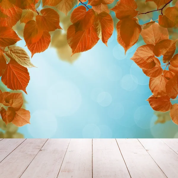 Na podzim pozadí s modrou oblohu, na podzim Linden listy Bokeh Light — Stock fotografie