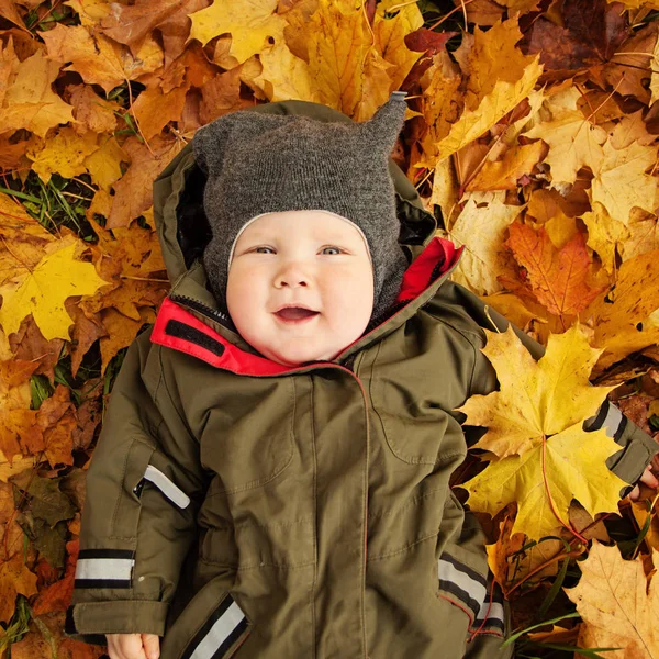 Bebê pequeno bonito em folhas de outono. Criança feliz — Fotografia de Stock