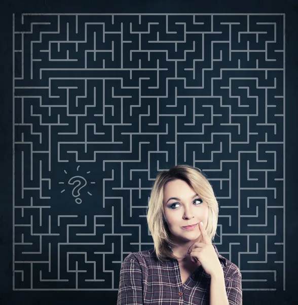 Thinking Woman with Labyrinth Background. Start-up — Stock Photo, Image