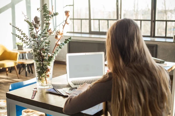 Kvinna som arbetar på en bärbar dator (kvinna tillbaka, fokus på laptop) — Stockfoto