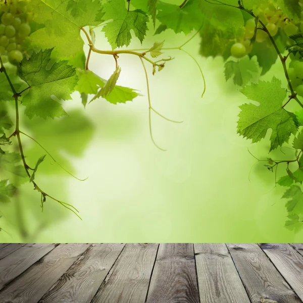 Lente achtergrond met lege houten tafel, groene Bokeh — Stockfoto