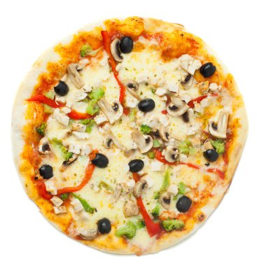 Beyaz arka plan üzerinde sebze Pizza. Üstten Görünüm