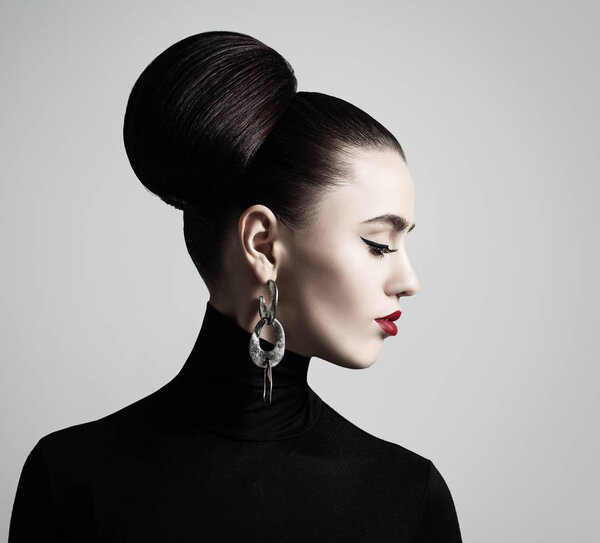 Retro Portrait of Elegant Woman with Hair Bun Hairstyle