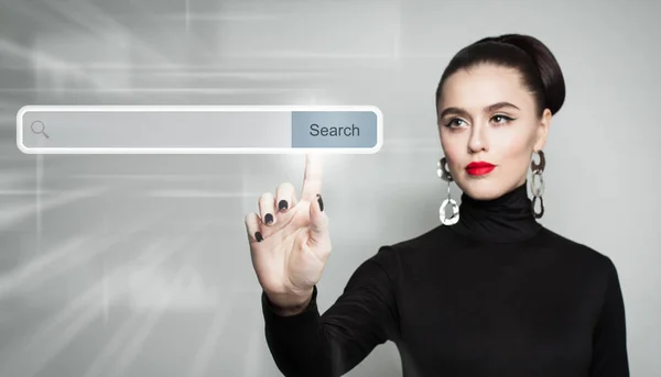 Woman pointing. Female Hand and empty address bar. WWW