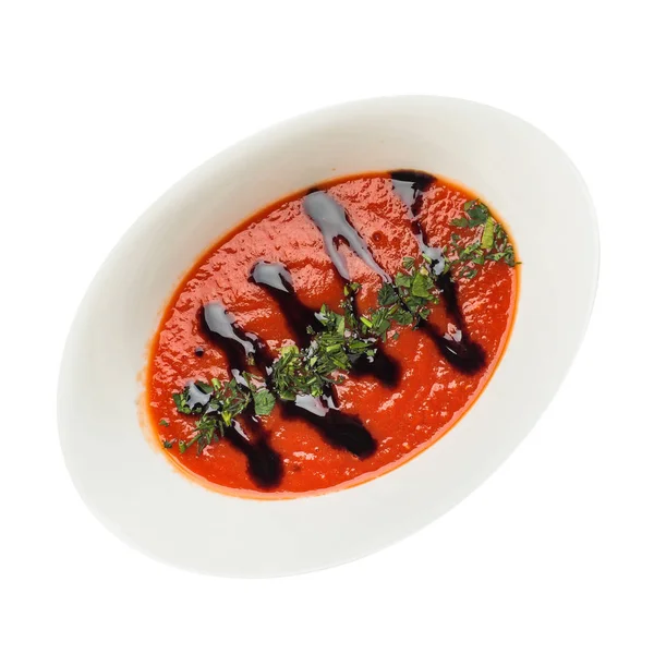 Sopa de gazpacho aislada en blanco, vista superior. Sopa de tomate — Foto de Stock