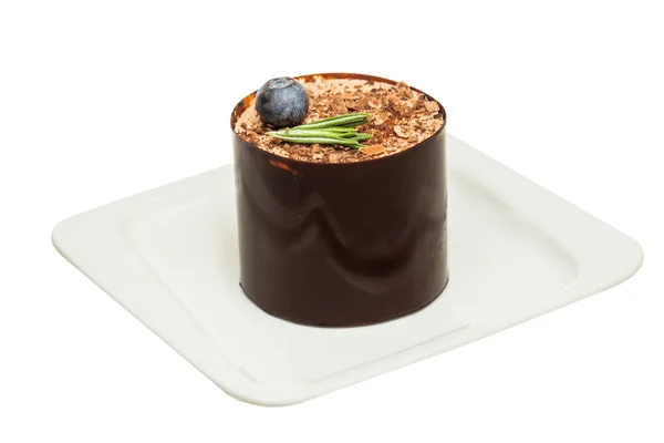 Torta al cioccolato con mirtillo su piatto isolato su dorso bianco — Foto Stock