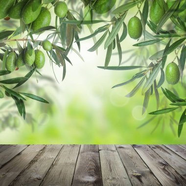 Zeytin yeşil yaprakları ile yaz Bokeh ışık ve ahşap masa