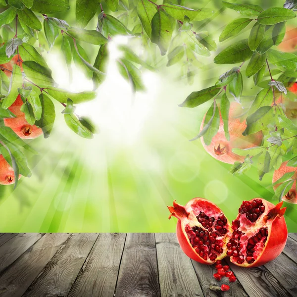 Pomegranate fruit. Food background with abstract bokeh light