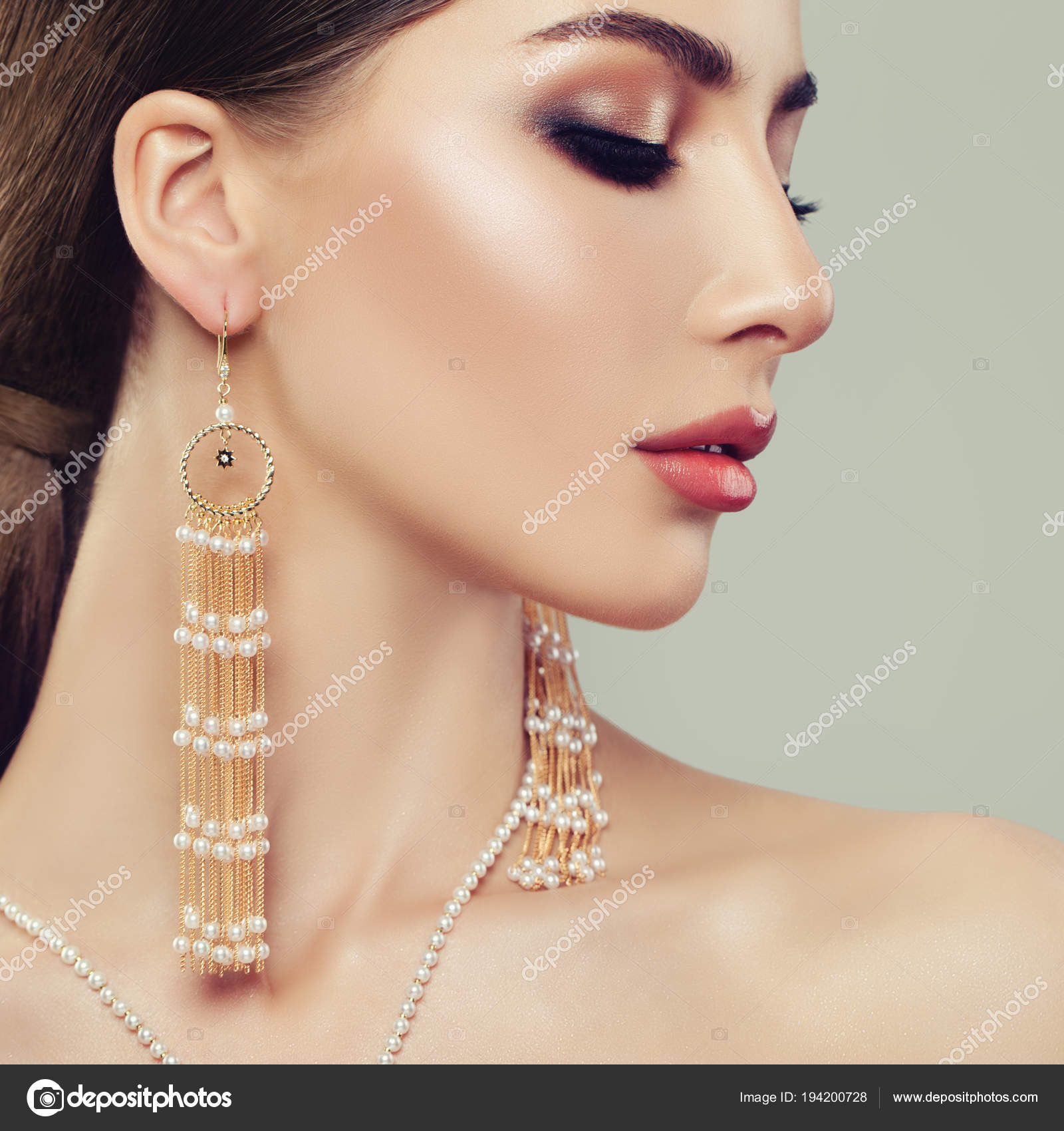 Attractive Woman With Makeup And Gold - Face Pearls Makeup Attractive Woman With Makeup And Gold - Face Pearls Makeup