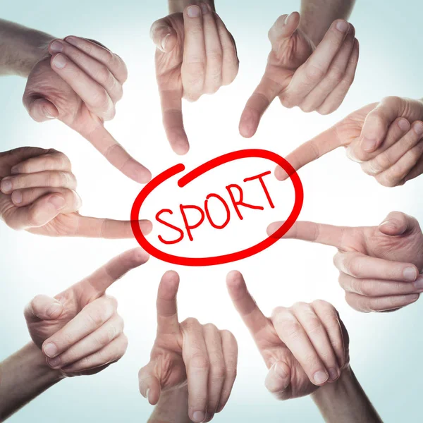 Viele Hände zeigen auf den Sport. Konzept Sportprobleme — Stockfoto