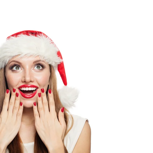 Happy woman in Santa hat with red manicure nails near red lips — Stock Photo, Image