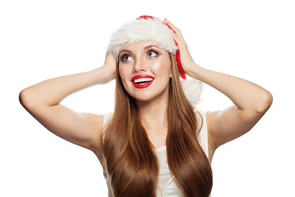 Überrascht aufgeregt Weihnachtsmann Frau isoliert auf weißem Hintergrund. — Stockfoto