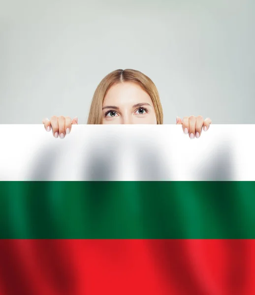 Love Bulgary concept. Happy woman showing Bulgarian flag — 스톡 사진