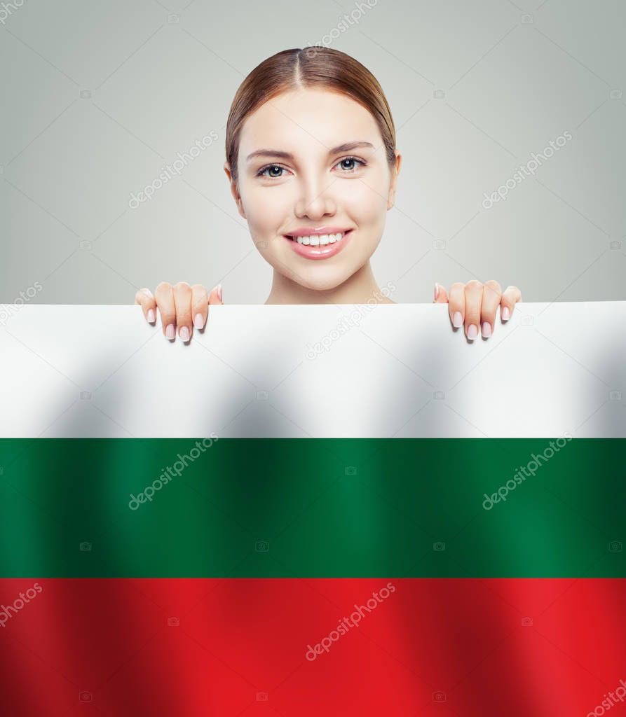 Love Bulgary concept. Happy woman and Bulgarian flag