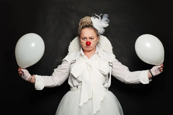 Performance Actress at work, White Clown Character — Stock Photo, Image