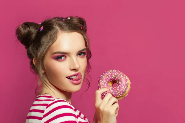 Pretty Woman Donut Tongue Lick One Lips Colorful Pink Background — Stock Photo, Image