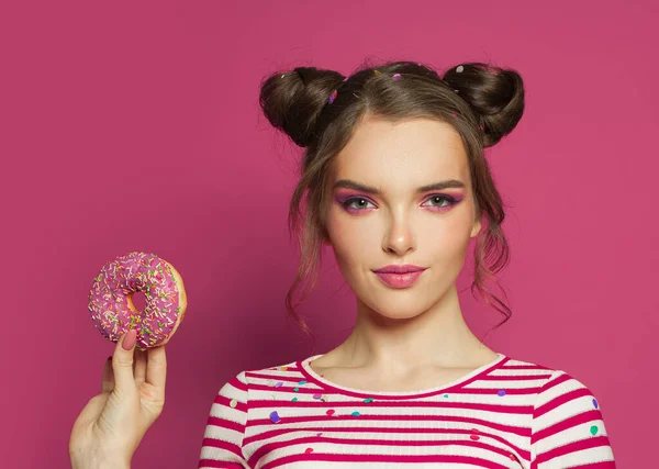 Fashion Portrait Cute Woman Donut Pink Background — Stock Photo, Image