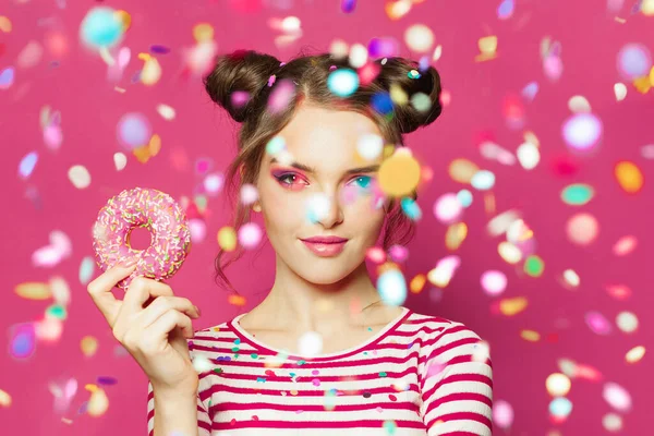 Fashion Model Woman Sweet Donut Colorful Confetti Rain — Stock Photo, Image