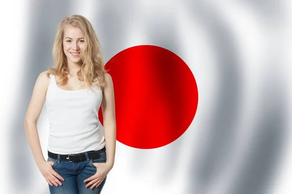 Λατρεύω Την Ιαπωνία Νεαρή Γυναίκα Ιαπωνική Σημαία Ταξίδια Εργασία Εκπαίδευση — Φωτογραφία Αρχείου