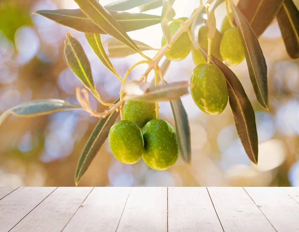 Blick Von Der Holzterrasse Oliven Mit Blättern Auf Olivenbaum Naturfenster — Stockfoto